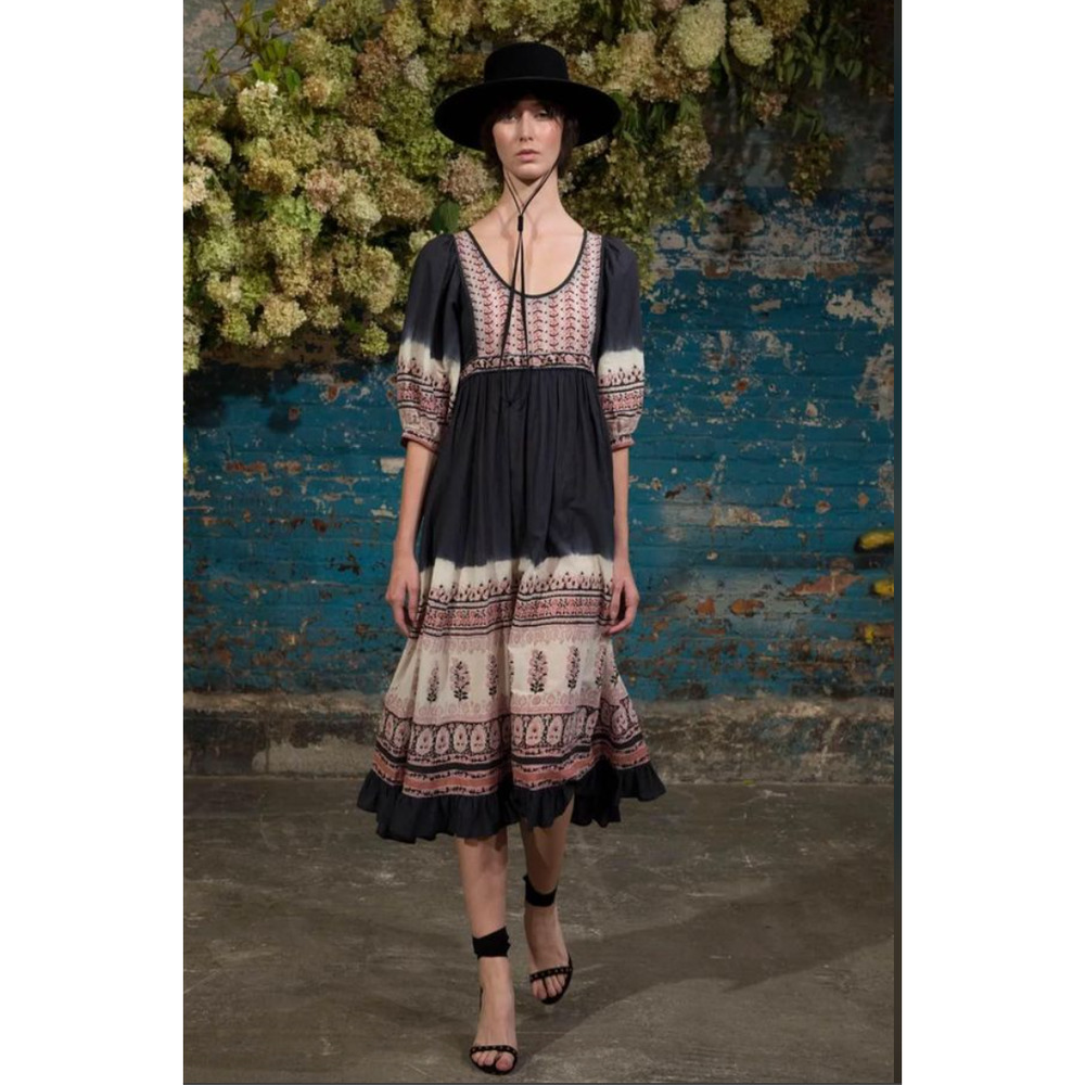 ULLA JOHNSON Donna Indian Floral Ombre Print Ruffled Midi Boho Dress Indigo Sz 2